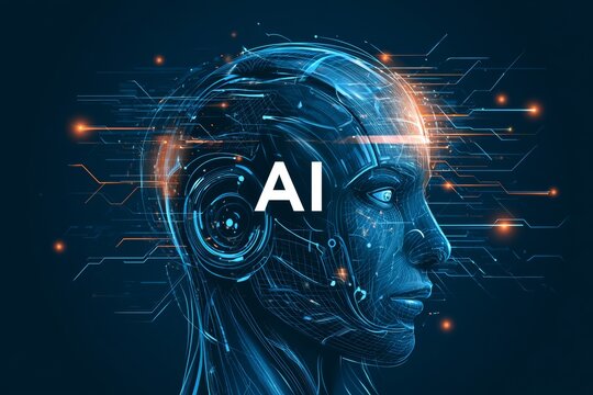 Futuristic AI woman face with glowing digital circuit lines, artificial intelligence and cyber technology concept