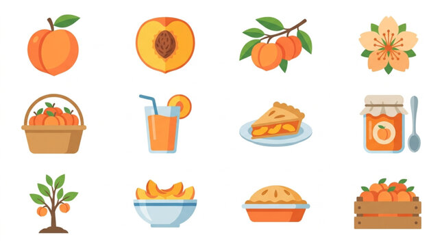 Collection of Fresh Peach Fruit and Peach Products.
