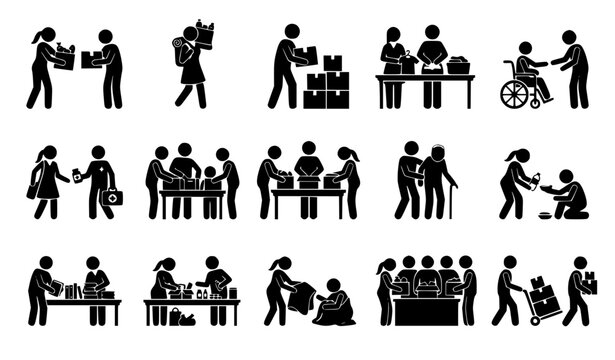 Community charity work and social volunteering service silhouettes set featuring people helping elderly, disabled wheelchair user, feeding homeless, donating boxes, and supporting families in need vec