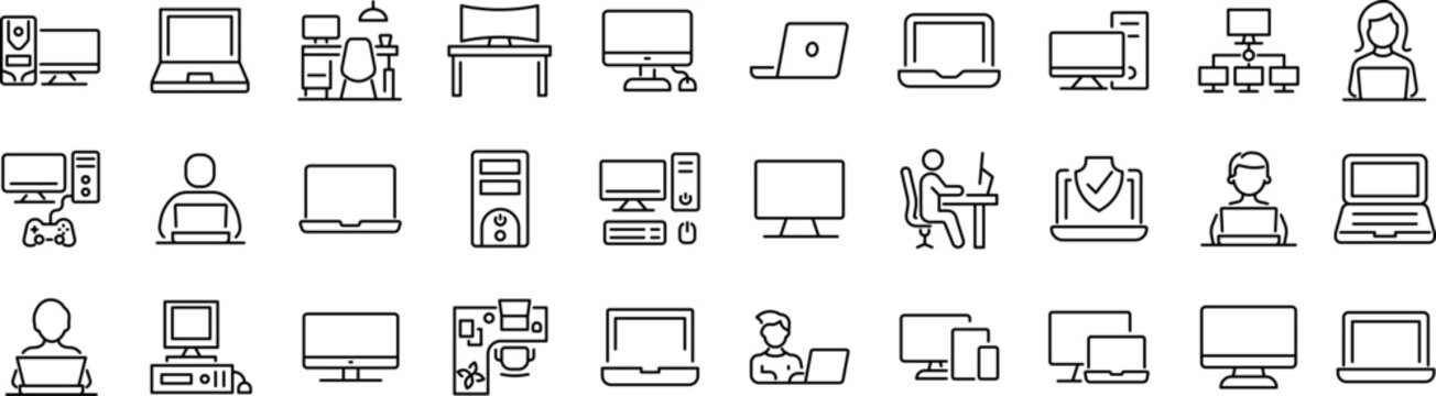 Office computer and laptop workstation thin line icon set.