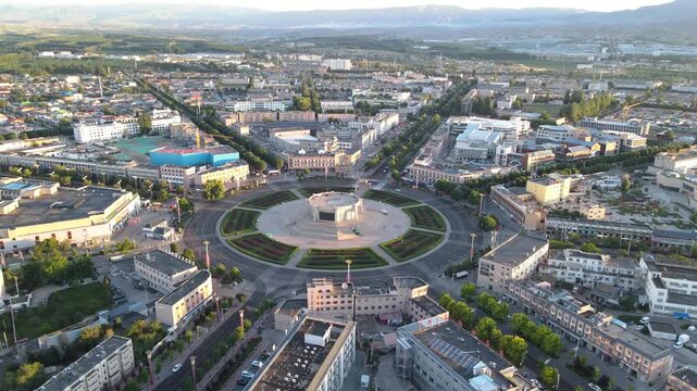 Morning Aerial View of Bagua City Streets in Tekes County, Yili, Xinjiang, China