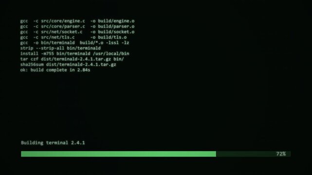 Retro Green CRT Terminal Build Log Compile Progress Bar Percentage Loop Motion Graphic