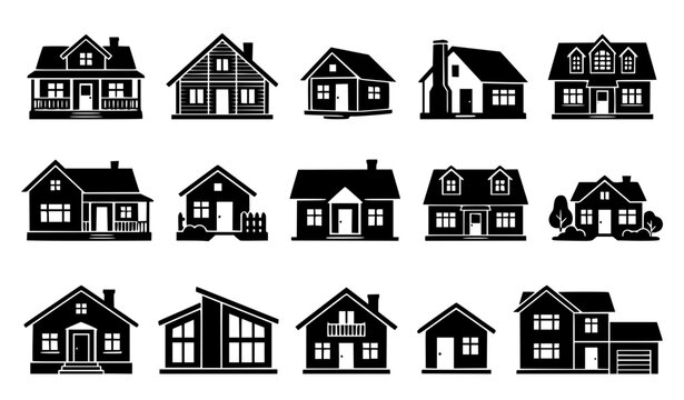Suburban residential houses black icons set featuring family home structures, modern real estate properties, architectural cottages, village villas, and urban apartment building vector illustration.