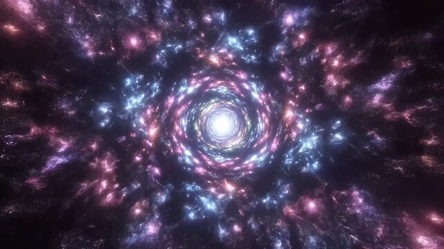 Abstract visualization of a cosmic wormhole with swirling galaxies and stars.