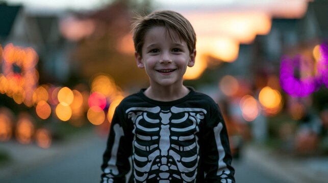 Boy in a Halloween costume smiling at the camera.
