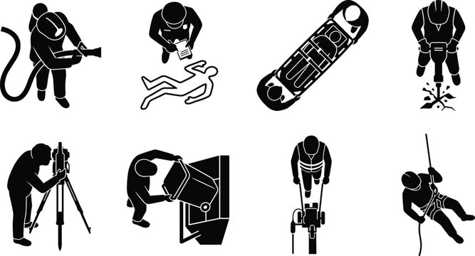 Top view professions and worker activities vector icons set featuring firefighter detective paramedic land surveyor and rappeller