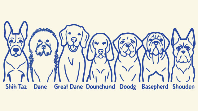 a lineup of seven distinct dog breeds in blue line art dogs shih taz dane great dounchund