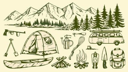 outdoor gear and camping equipment illustrated in vintage style tent canoe axe knife backpack thermos van mountains © Kapil