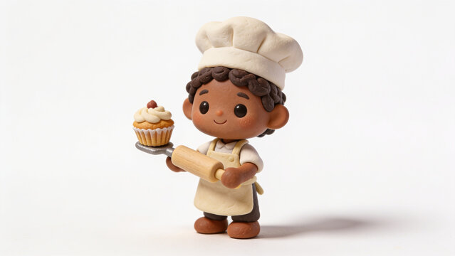 Cute cartoon chef holding a donut. Playful 3D character with pastry in a white kitchen setting.