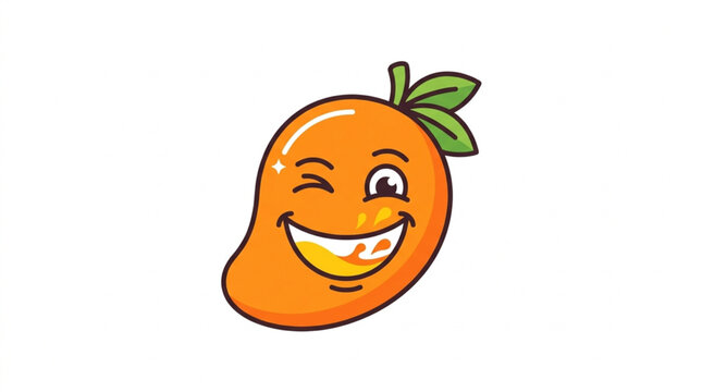 Smiling cartoon mango with green leaf and closed eye.