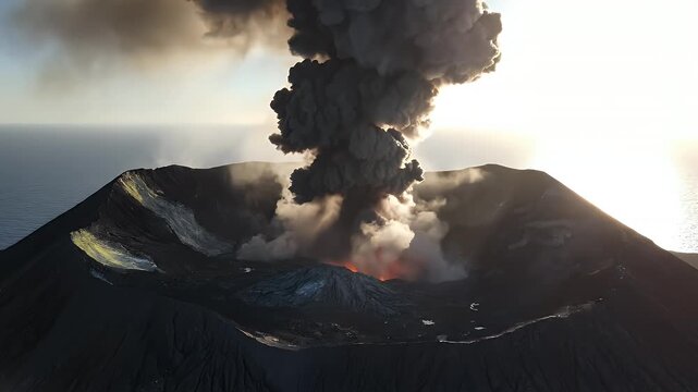 A dramatic aerial view captures a volcanic eruption with a massive plume of ash billowing into the sky.
