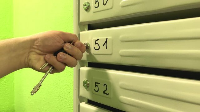 Hand opening a numbered apartment mailbox with a key, residential postal service, household correspondence and urban building routine.