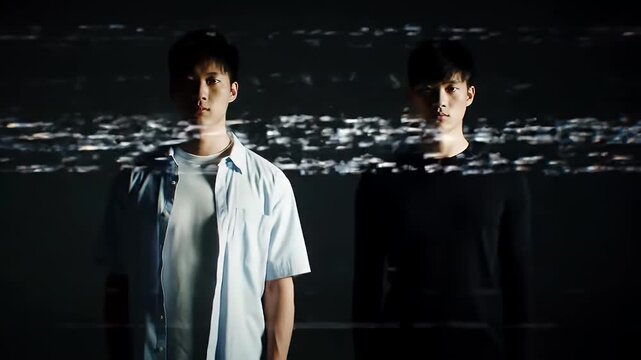 Two young men stand in contrasting light and shadow.