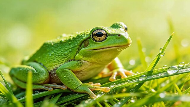 Green frog on dewy grass