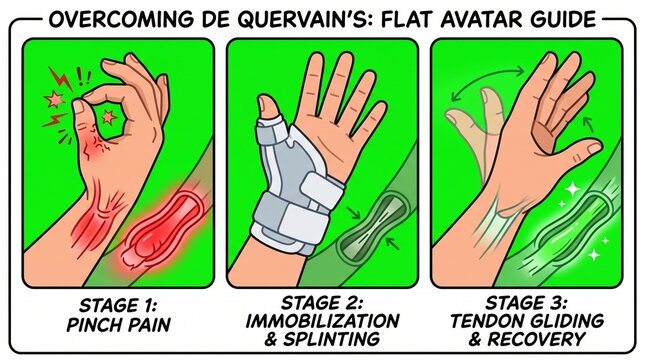De Quervain tenosynovitis treatment guide. Hand splinting and tendon recovery stages.
