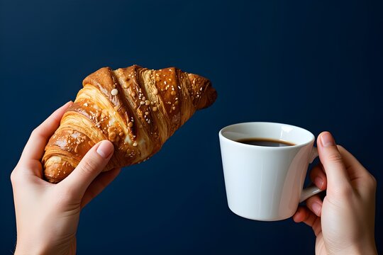 Women's hands hold fresh croissant and cup of coffee  on a blue background. Design concept for breakfast pastry mockup or banner. Free space fot text.