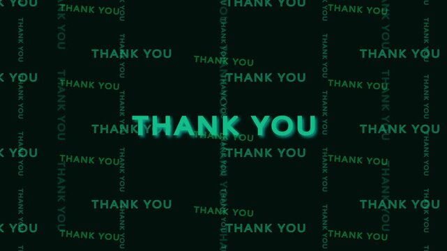 Glowing thank you text on a dark green background with repeated words scattered around, creating a modern gratitude message design for cards, banners, and social media.
