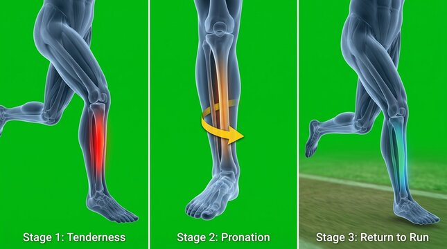 Human leg bone stress heatmap during running. Anatomy analysis of shin splint injury risk.