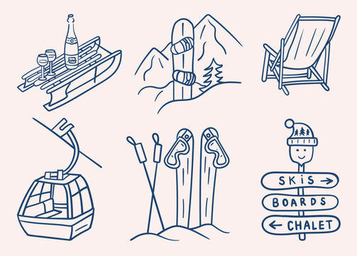 Mini skiing set with chalet, snowboard, ski lift, lounge chair, skis, and winter sign in blue line art on beige background