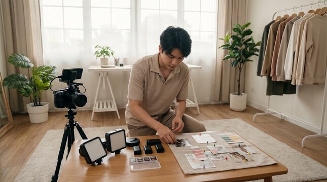 Young entrepreneur preparing camera gear and creative tools before filming digital content. Professional workflow, modern creator economy, and home business concept.