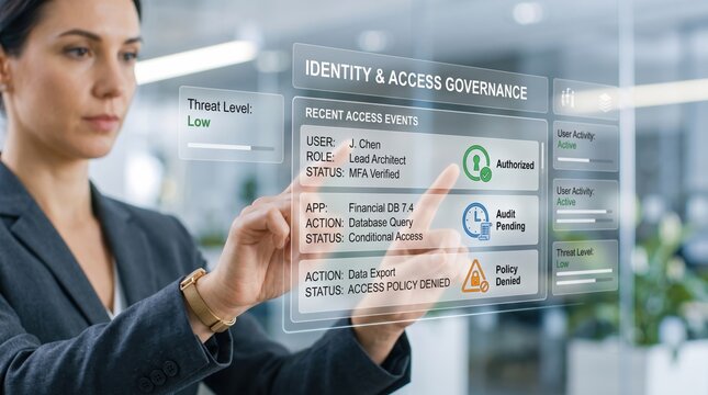 Identity and access governance dashboard, user authentication verification, threat level monitoring, financial database query, audit pending status, policy denied action