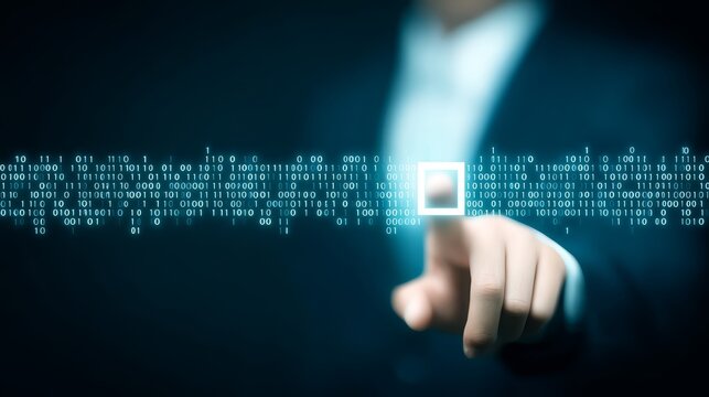 Professional businessman selecting binary code data interface digital information system technology concept