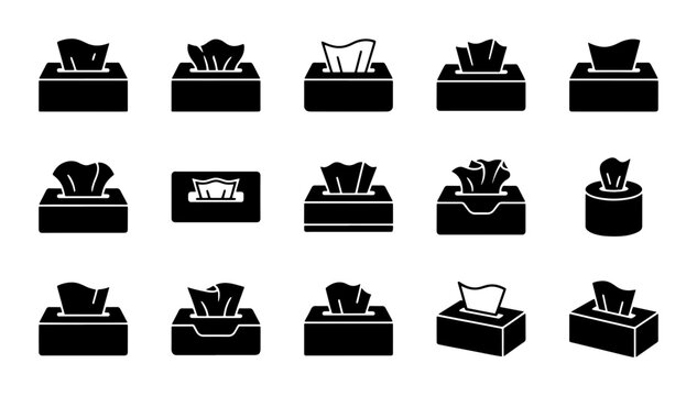 Tissue Box Icons, Facial Tissue Dispenser Vector Set, Paper Napkin Holder Graphics, Hygiene and Healthcare Symbols