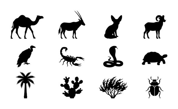 Desert Wildlife Silhouette Collection: Camel, Oryx, Fennec Fox, Ram, Vulture, Scorpion, Cobra, Tortoise, Palm Tree, Cactus, Bush, Beetle Icons
