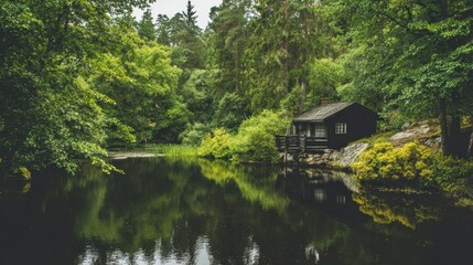 Fototapeta premium Peaceful cabin nestled beside a tranquil pond in a lush forest.