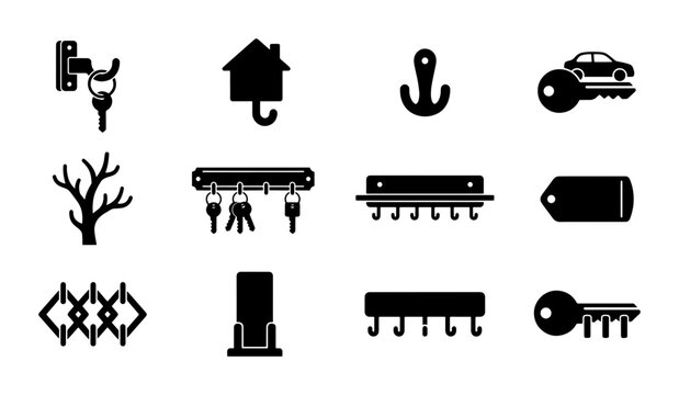 Key Holder Icons Set, Vector Graphics for Home Organization and Security Concepts, Simple Black and White Symbols