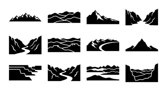 Mountain Landscapes Vector Icons, Diverse Terrain Scenes, Nature Elements, Outdoor Adventure Graphics, Black and White Silhouettes