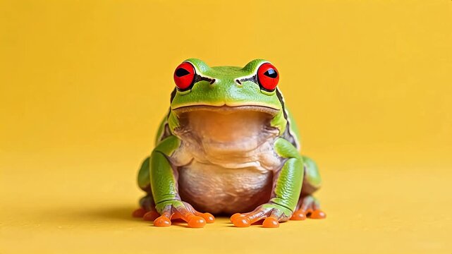 Green tree frog with red eyes on yellow