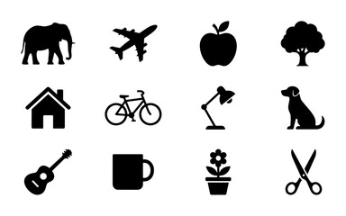 12 Simple Black Silhouette Icons: Elephant, Airplane, Apple, Tree, House, Bicycle, Lamp, Dog, Guitar, Mug, Flower Pot, Scissors. Vector Graphics for Design. © Tanvir