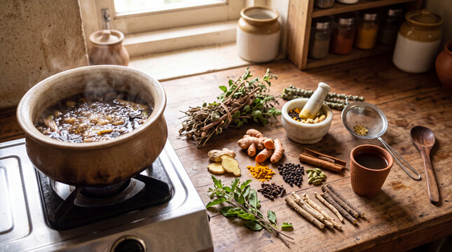Close-up of steaming traditional Indian medicinal drink kadha surrounded by raw ingredients like ginger, turmeric, and giloy stems on a wooden table.