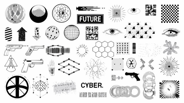 Collection of vector illustrations featuring firearms geometric shapes and futuristic elements on a white background abstract art