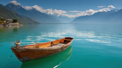 Obraz premium Tranquil lake scene with a wooden boat.