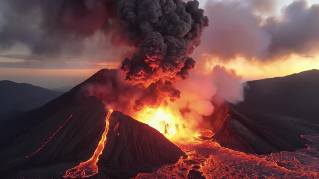 A majestic volcano erupts with a massive ash cloud and flowing lava at sunset.