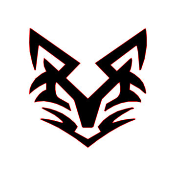 Minimalist tribal wolf or wildcat face vector illustration. Angular black geometric predator mark with red outline isolated on white background, ideal for logos, badges, and apparel graphics.