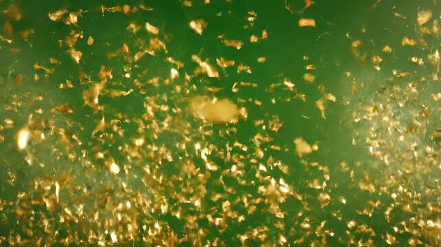 Golden sparks explode against a dark green background.