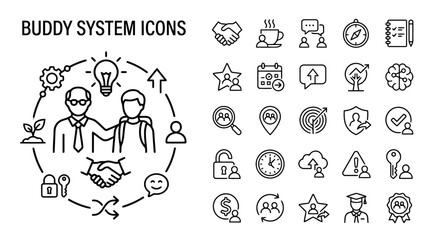 Fototapeta premium Buddy system icons set, mentorship and partnership concept, vector illustration