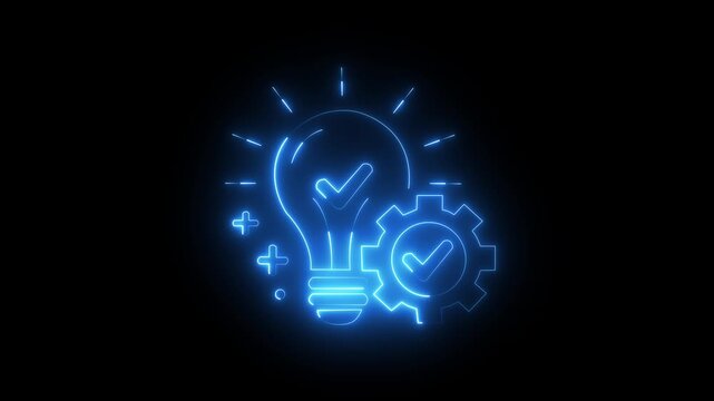 glowing neon Innovation idea lightbulb with gear icon representing creative problem solving, smart solutions engineering strategy concept, business innovation symbol. 4k video animation