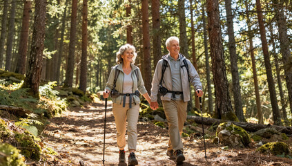 Obraz premium Mature Couple Hiking Through Majestic Forest Path
