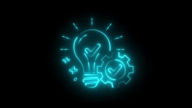 glowing neon Innovation idea lightbulb with gear icon representing creative problem solving, smart solutions engineering strategy concept, business innovation symbol. 4k video animation