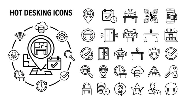 Hot desking icons set, office workspace booking and shared desk management, vector line illustration