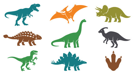 Set of colorful dinosaur silhouettes isolated on a white background for design projects. © MdJubayer