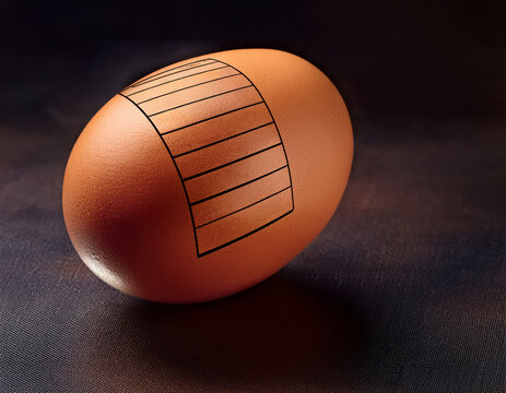 Close-up of brown eggs in a dark background. One egg displays a stylized barcode graphic. The barcode is drawn with simple black lines. Image highlights packaging or product identification