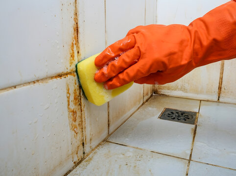 Gloved Hand Cleaning Dirty Moldy Bathroom Tile Grout with Sponge | Removing Mold and Mildew from Shower Wall Tiles with Scrubbing Sponge | Close Up Hand in Orange Glove Scrubbing Dirty Tile Grout Line