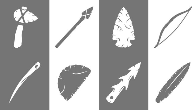 Prehistoric Stone Age Tools and Weapons Vector Icon Set Featuring Spear Axe Arrowhead and Harpoon