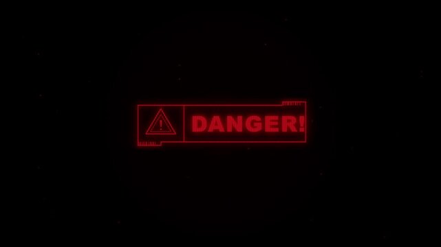 A glowing red warning sign with a triangular icon and the text message displays a vital alert about risky operations inside a darkened digital interface environment for high priority safety