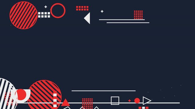 Abstract memphis style motion graphics animation with geometric shapes on black background.